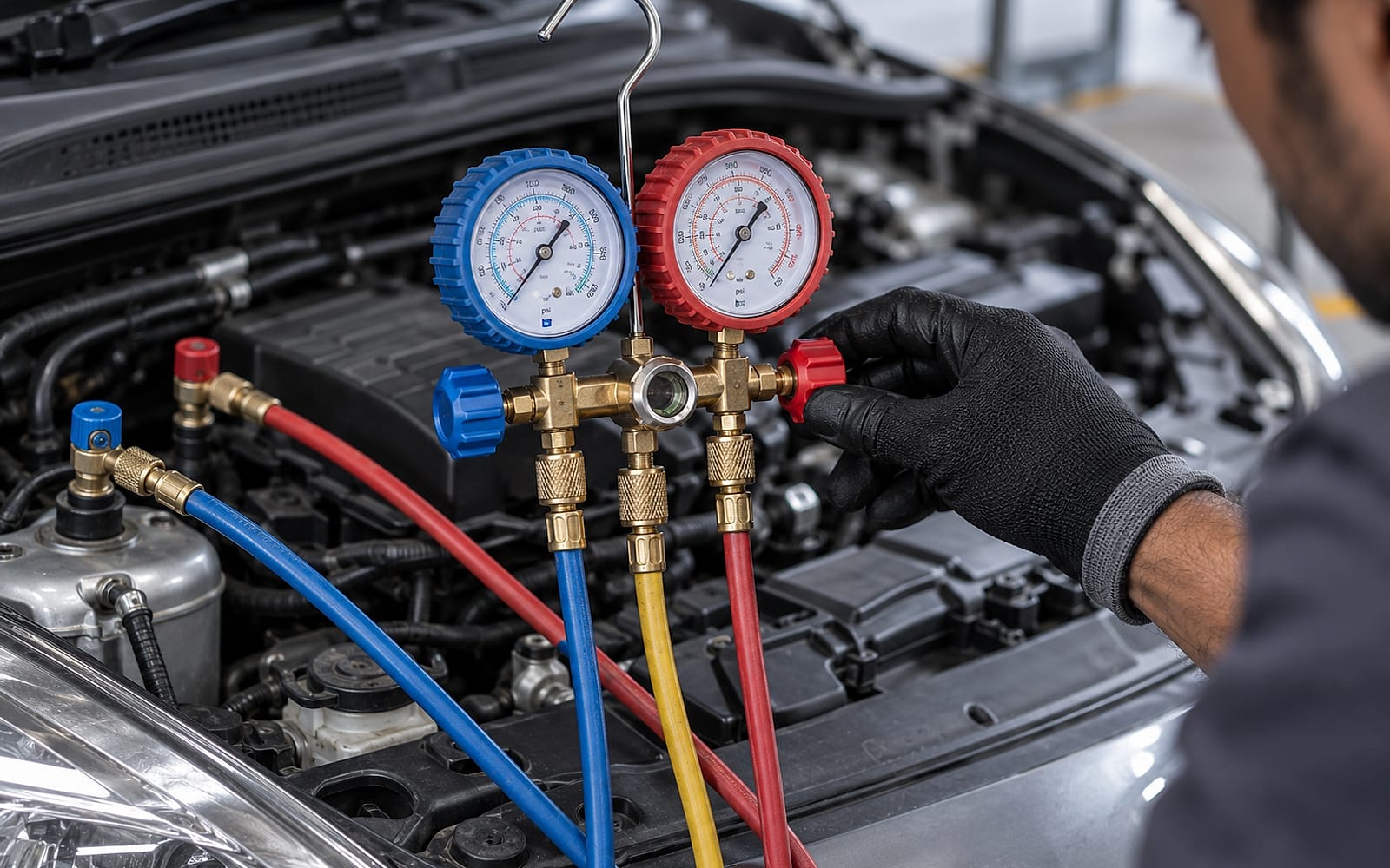 A gauge set connected to a car's air-conditioning system during an AC service.