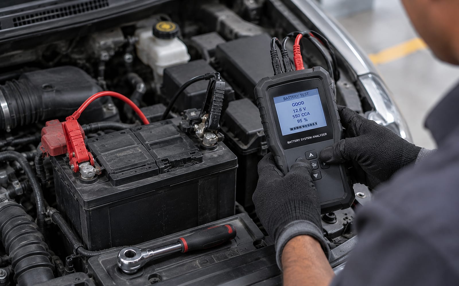 A car battery being tested with a battery system analyzer.