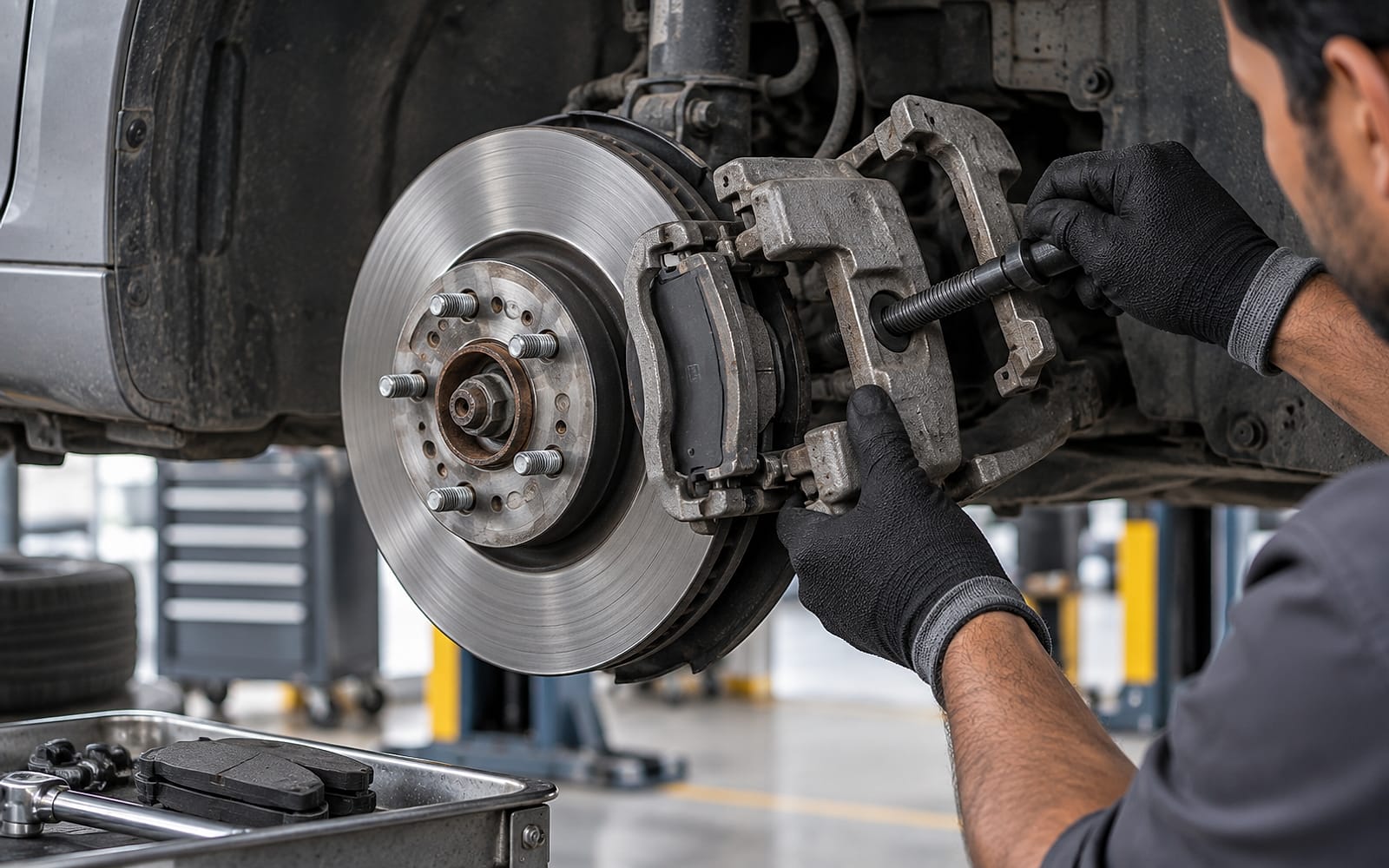 A brake disc and caliper being inspected during brake work.