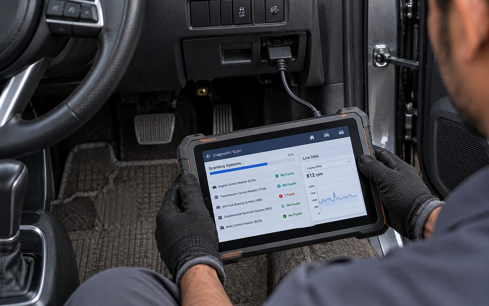 A diagnostic scan tool reading a car's control modules.