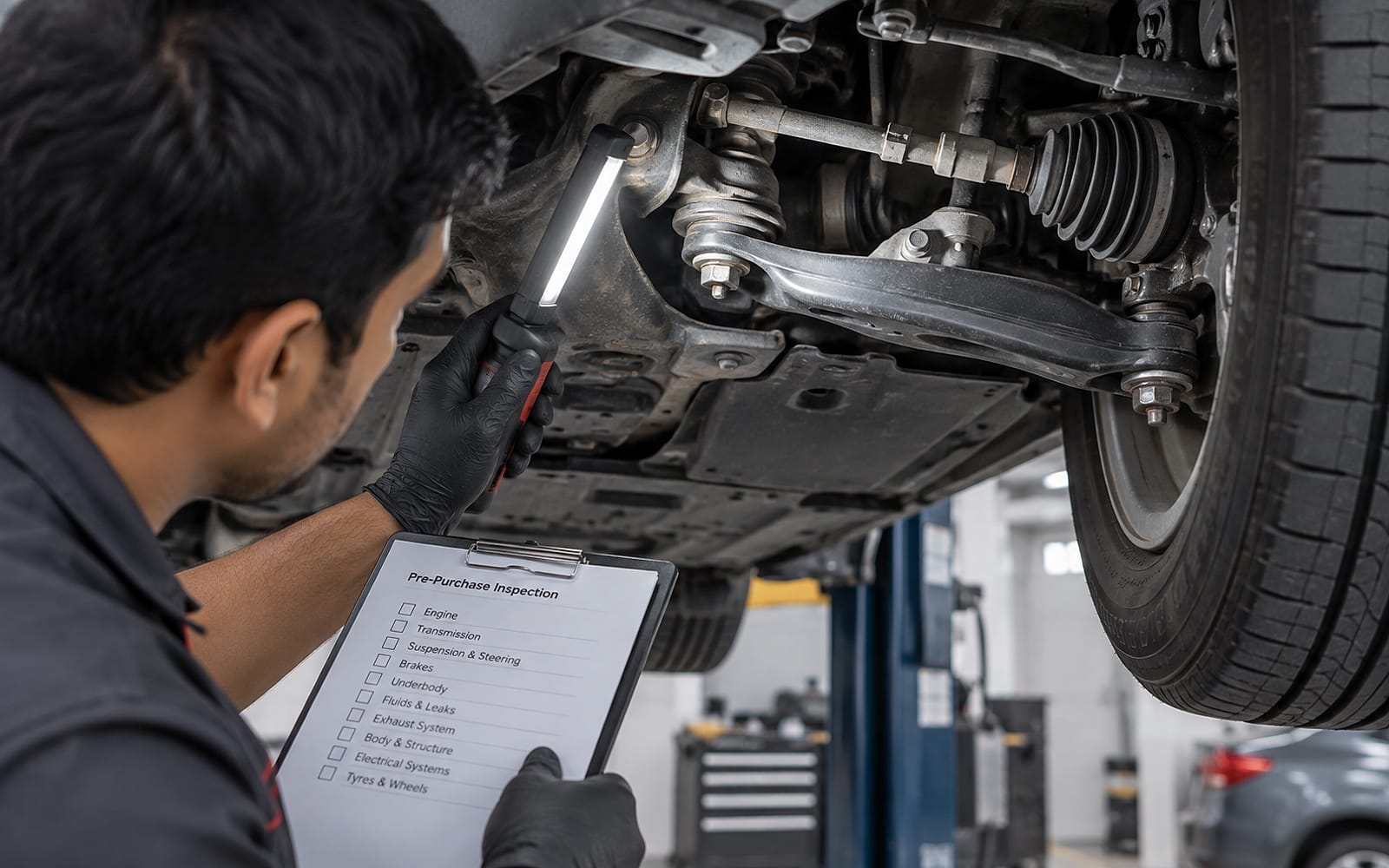 A pre-purchase inspection checklist beside a car raised for inspection.