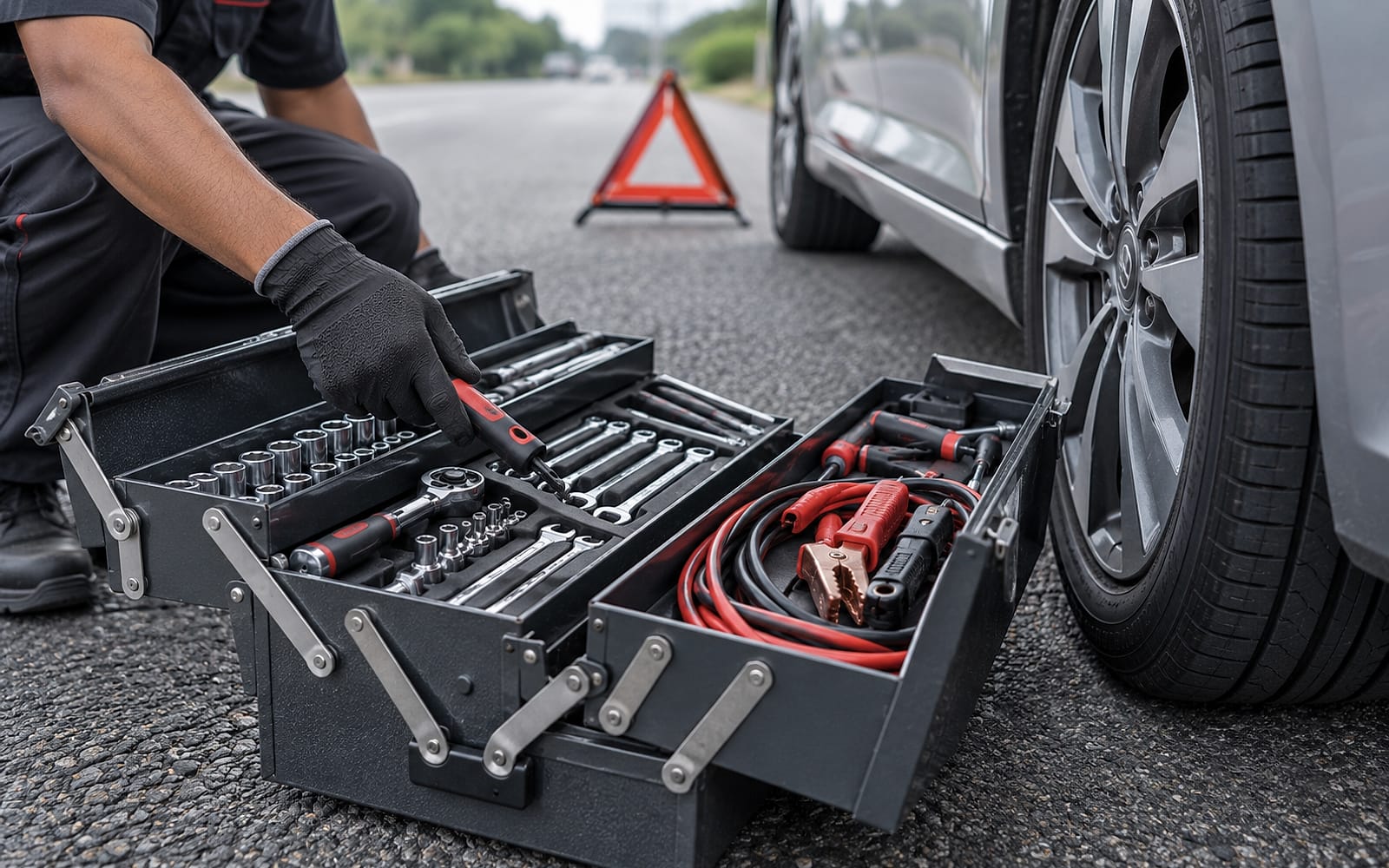 A roadside toolkit laid out beside a car at street level.