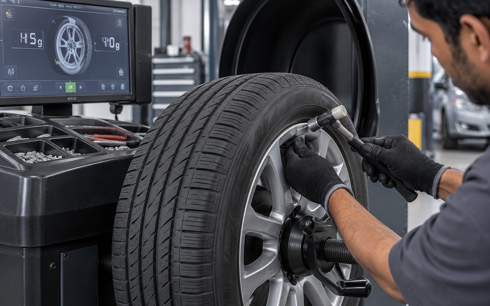 A wheel and tyre being worked on with workshop tools.