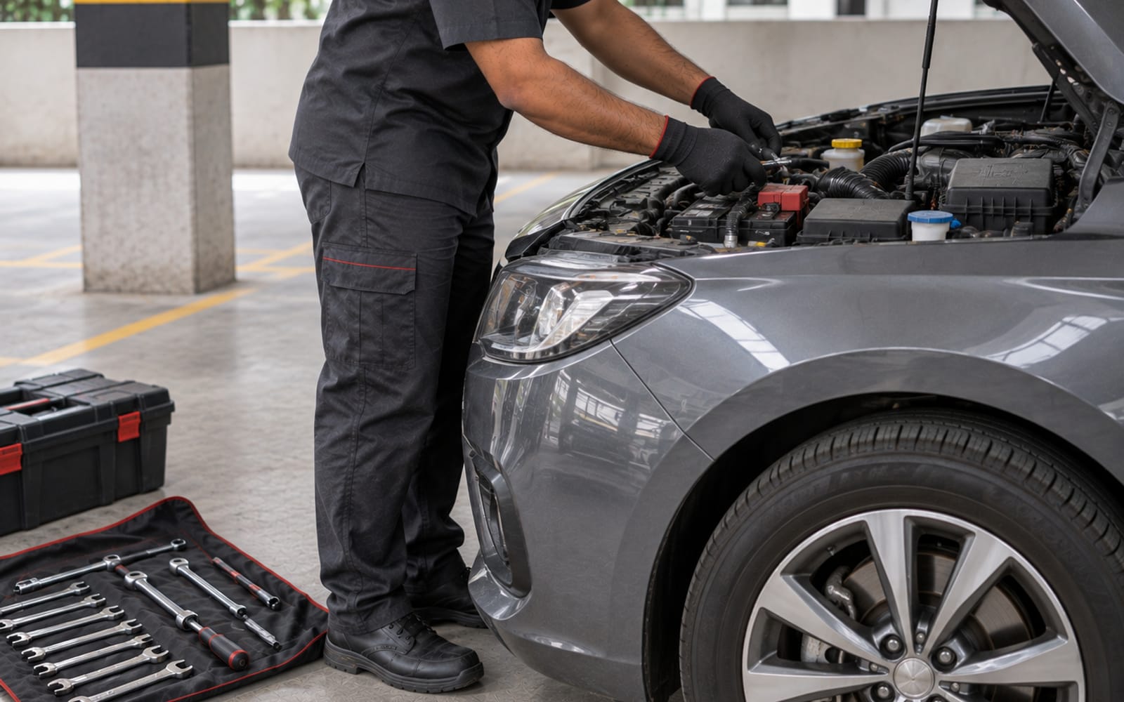 A car raised in a service bay with a wheel being worked on.